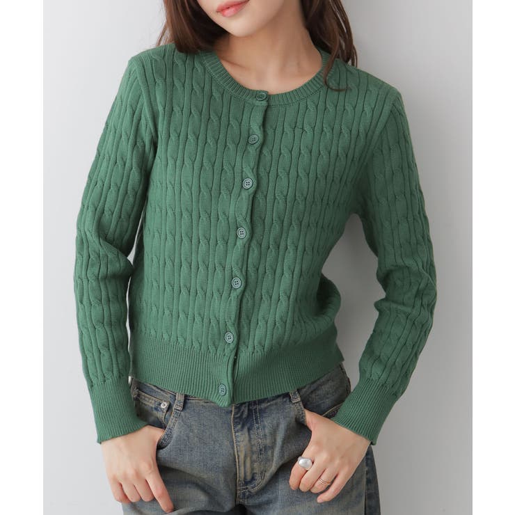 グリーン | ケーブル編み ニットカーディガン | VIVID LADY