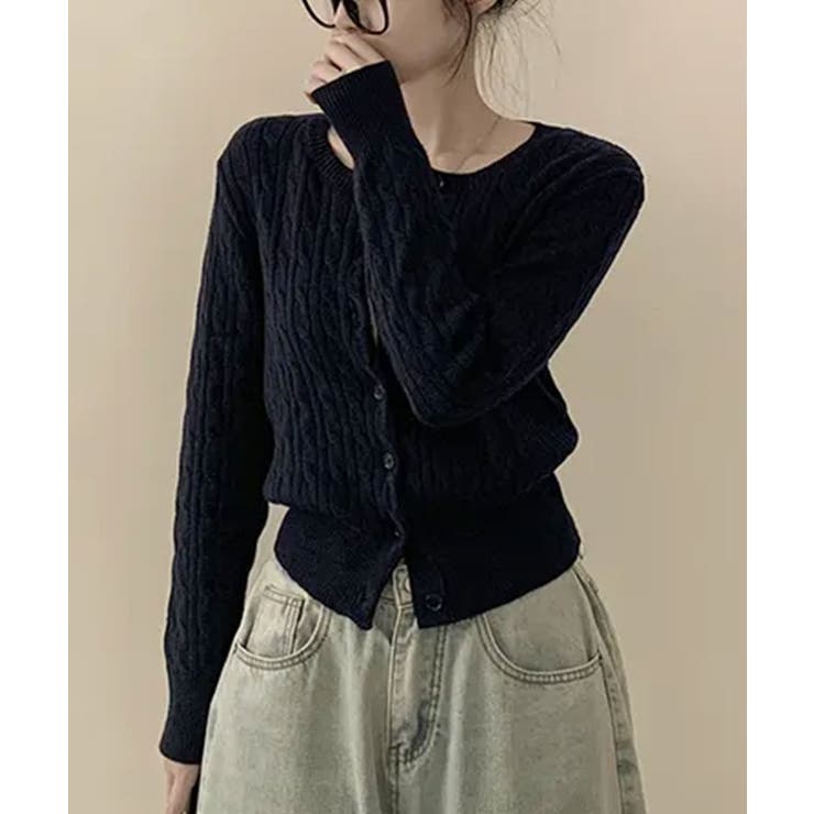 ネイビー | ケーブル編み ニットカーディガン | VIVID LADY