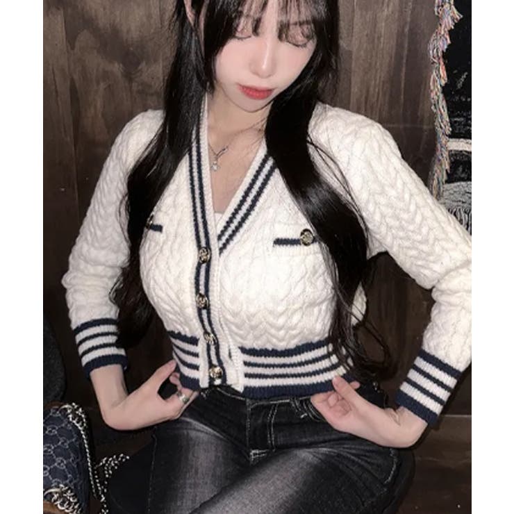 カレッジ風 ケーブル編み ショート丈 ニットカーディガン | VIVID LADY | 詳細画像8