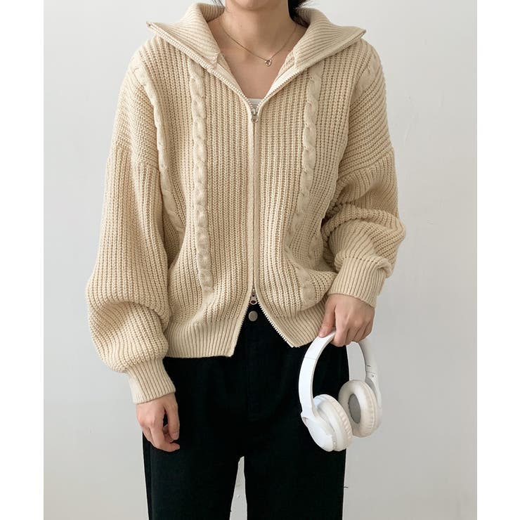 ダブルジップ ケーブル編みニットカーディガン[品番：KH000015737