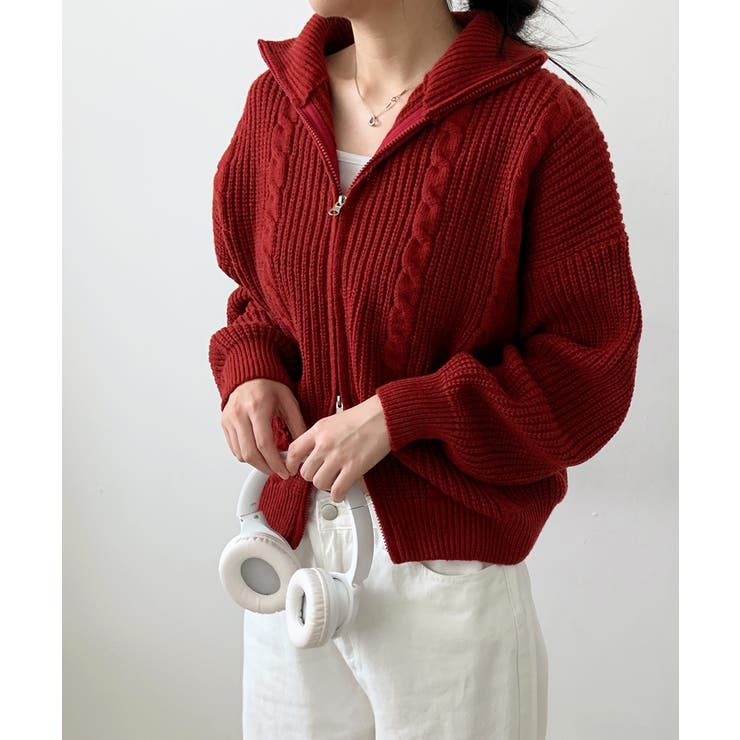 美品⚑45RPM フード付きジップアップニットカーディガン ウール混 レッド ダブルジップ ケーブル編みニットカーディガン[品番：KH000015737