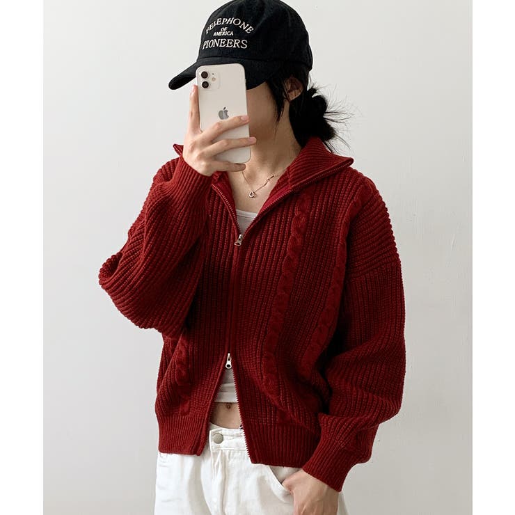 ダブルジップ ケーブル編みニットカーディガン[品番：KH000015737