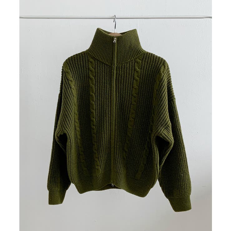 ダブルジップ ケーブル編みニットカーディガン[品番：KH000015737