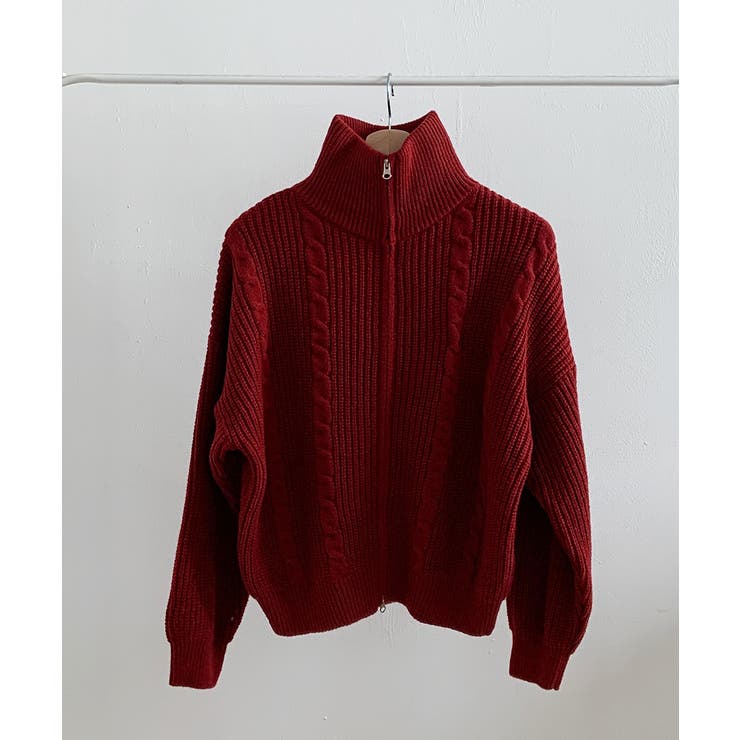 ダブルジップ ケーブル編みニットカーディガン[品番：KH000015737