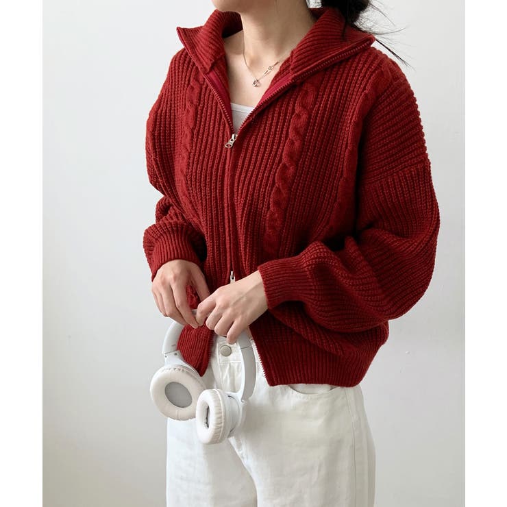 ダブルジップ ケーブル編みニットカーディガン[品番：KH000015737