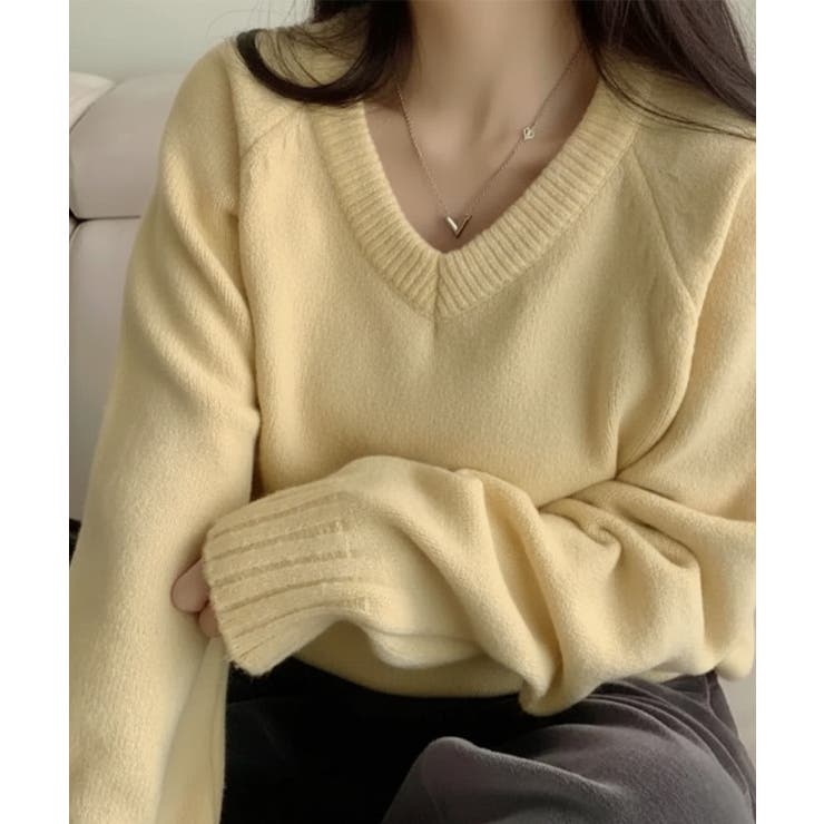 イエロー | Vネック ルーズニットトップス | VIVID LADY