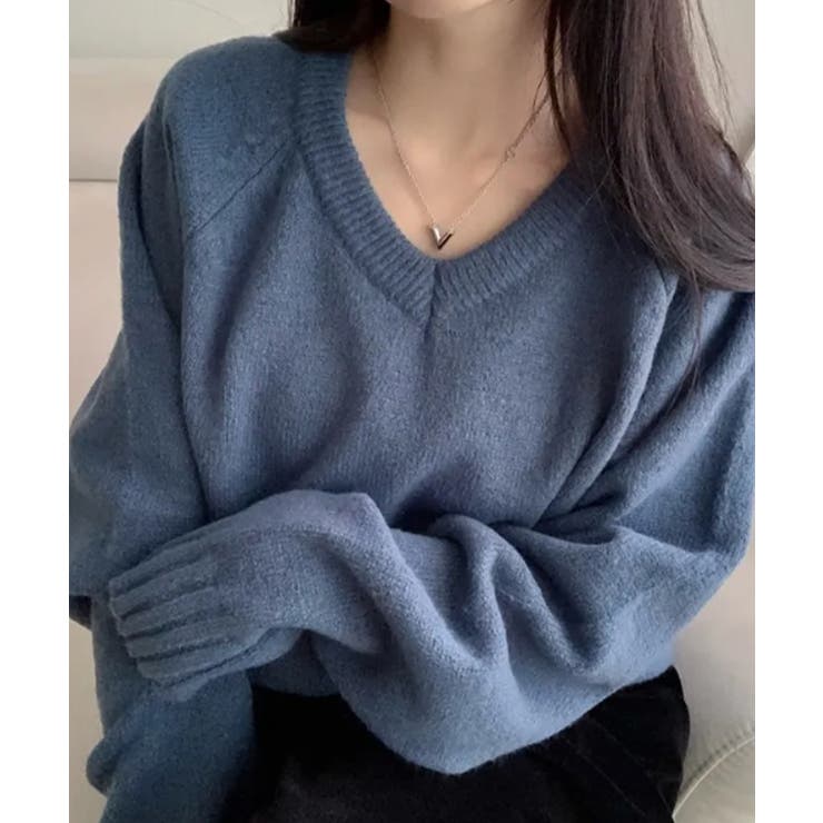ブルー | Vネック ルーズニットトップス | VIVID LADY