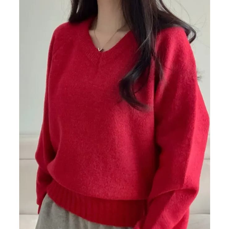 レッド | Vネック ルーズニットトップス | VIVID LADY