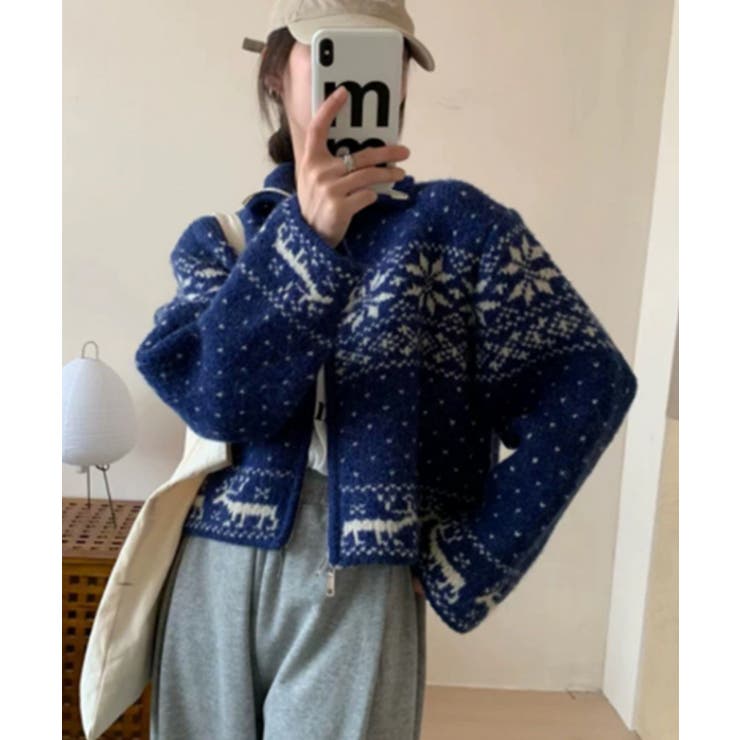 ブルー | ノルディック柄 ジップアップニット | VIVID LADY