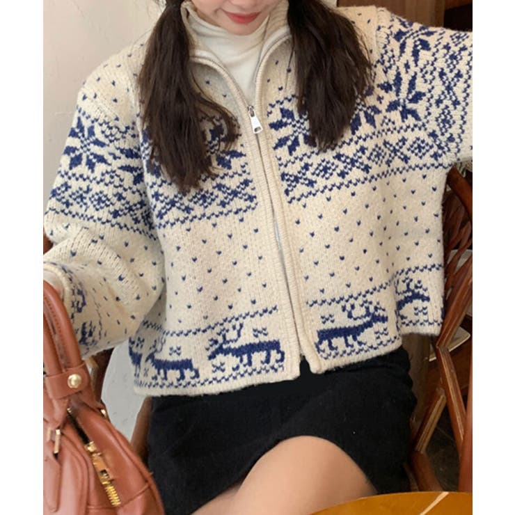 アイボリーxブルー | ノルディック柄 ジップアップニット | VIVID LADY