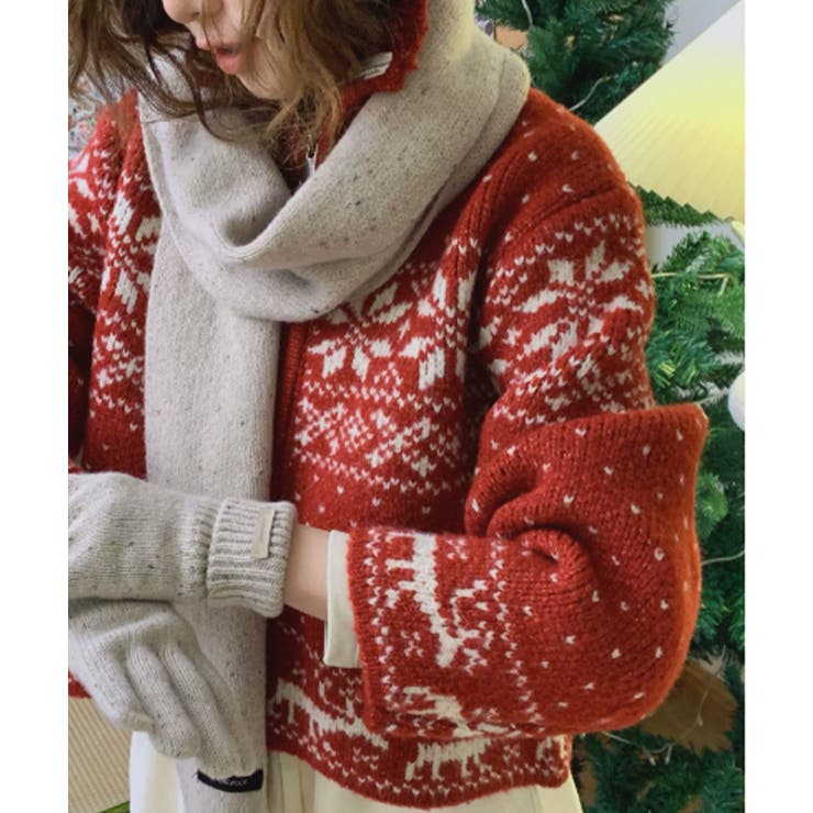 レッド | ノルディック柄 ジップアップニット | VIVID LADY