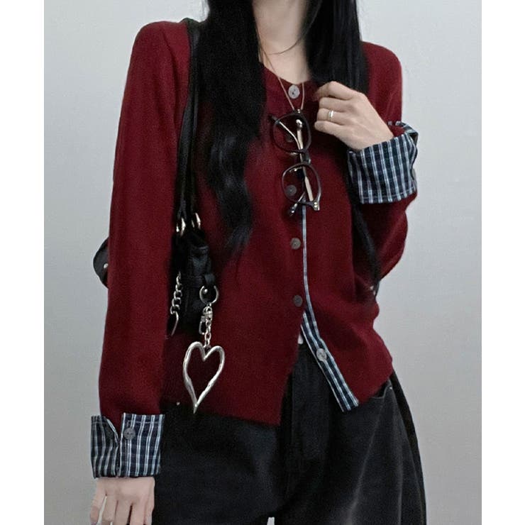 チェック柄シャツドッキング ニットカーディガン | VIVID LADY | 詳細画像1 