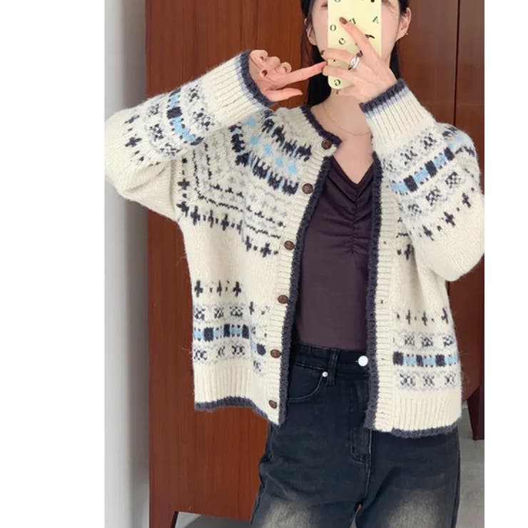 ノルディック ジャガードニットカーディガン[品番：KH000015748