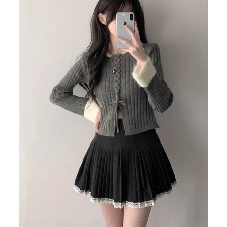 配色ファー襟＆レースアップ リブニットトップス | VIVID LADY | 詳細画像14 