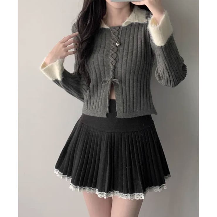 配色ファー襟＆レースアップ リブニットトップス | VIVID LADY | 詳細画像15 