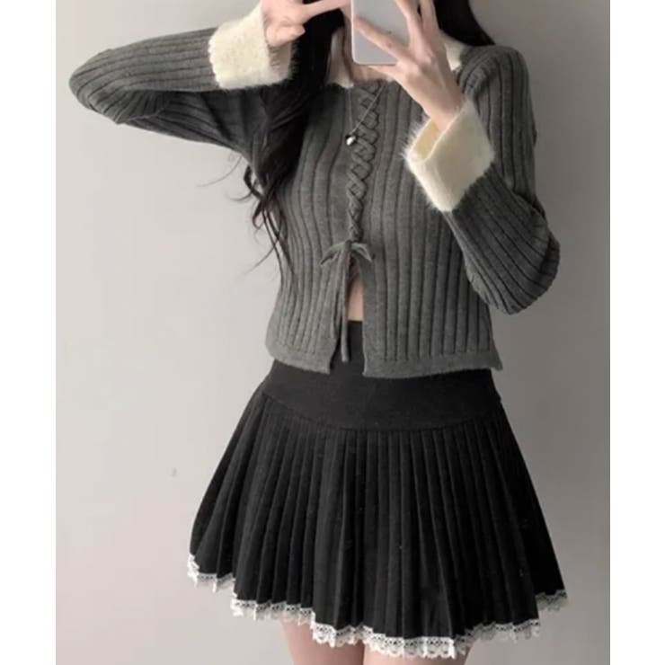 グレー | 配色ファー襟＆レースアップ リブニットトップス | VIVID LADY