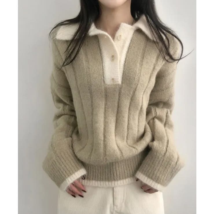 ベージュ | モヘアタッチ ルーズフィット ポロシャツ風ニット | VIVID LADY