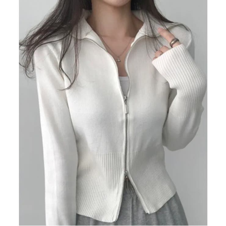 アイボリー | ダブルジップ リブニット カーディガン | VIVID LADY
