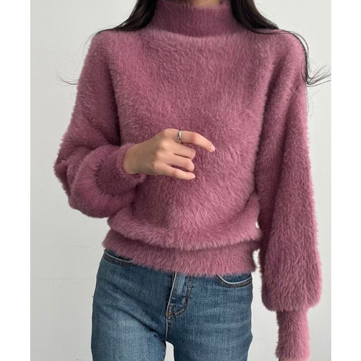 マメ クロゴウチ　パイルジャガードニッテッドハイネックトップ　ピンク ファーハイネックニット レディース長袖 韓国ファッション[品番