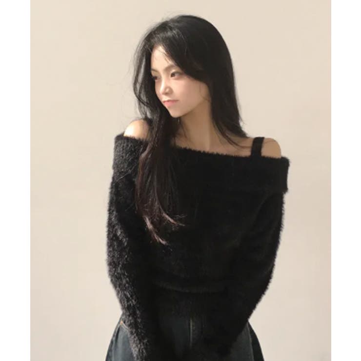 ブラック | オフショルダーシャギーニットトップス | VIVID LADY