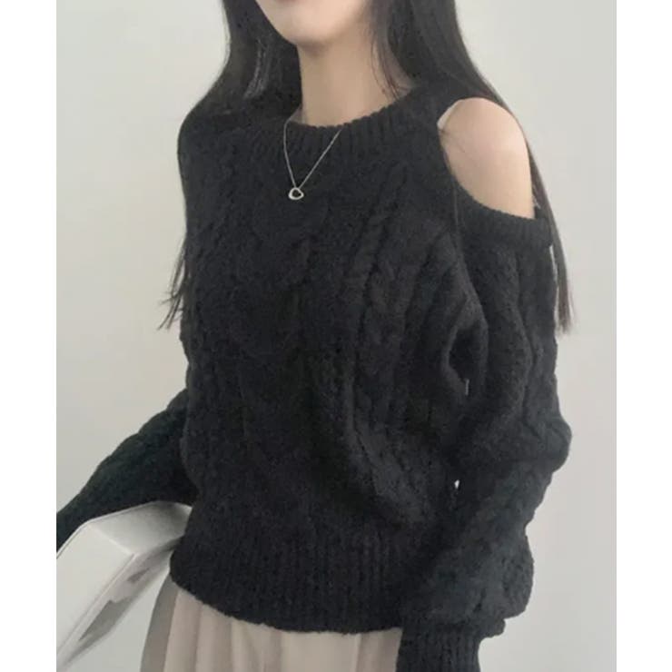 ブラック | ワンショルダー ケーブル編みニットプルオーバー | VIVID LADY