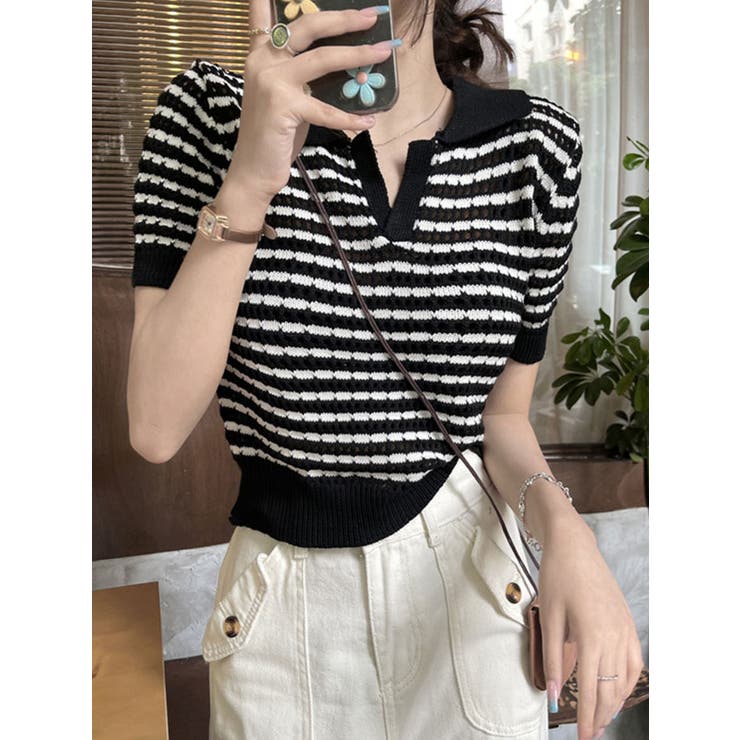 【SALE】【SILVIAN HEACH】クロップド丈半袖リブニット●GPP24019 レースアップ半袖リブニット クロップド丈 リブ編み[品番