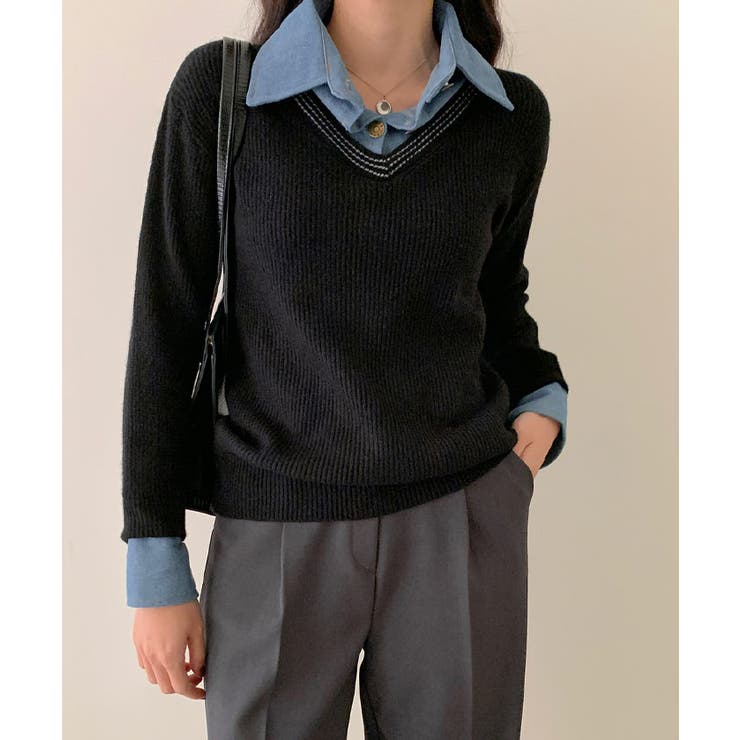 ★日本の職人技★ デニム襟付きニット レイヤードニット[品番 レディース トップス