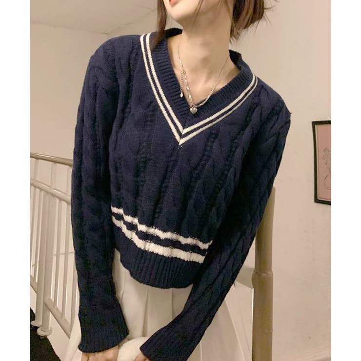 LOEWE ネイビー Vネック ケーブルニット LOEWE ネイビー Vネック