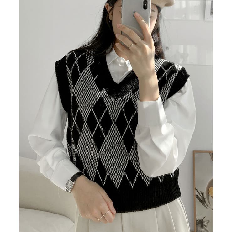アーガイル柄Vネック配色ニットベストレディース 春秋冬