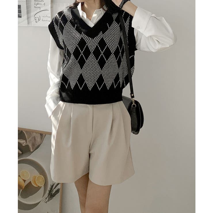 アーガイル柄Vネック配色ニットベストレディース 春秋冬