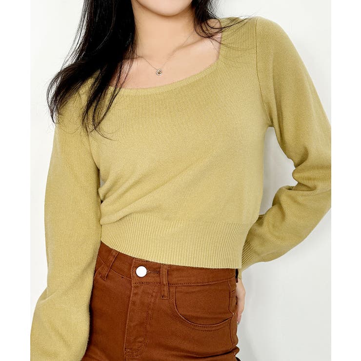 カーキ | ニットセーター スクエアネック ショート丈 | VIVID LADY