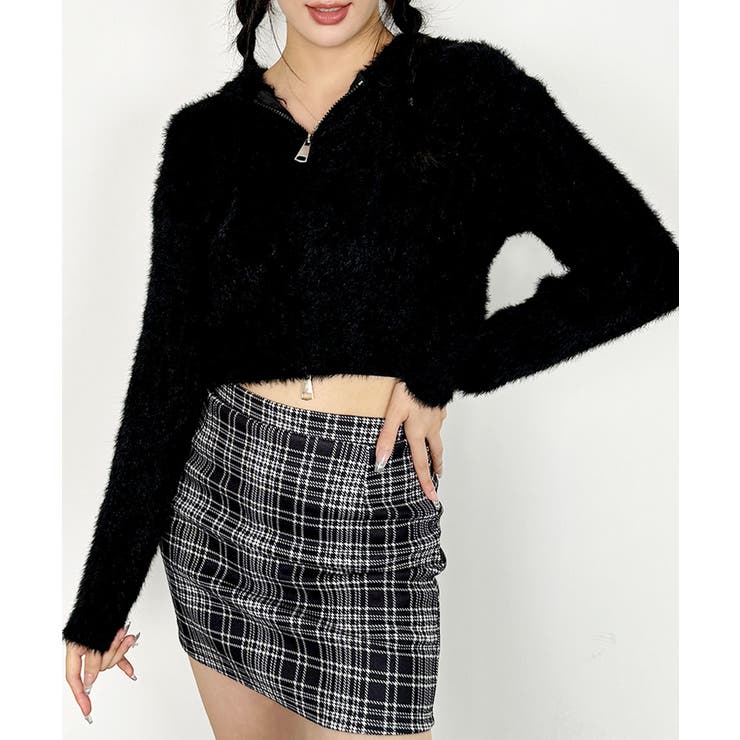 ブラック | ニットカーディガン ジップアップ フード付き | VIVID LADY