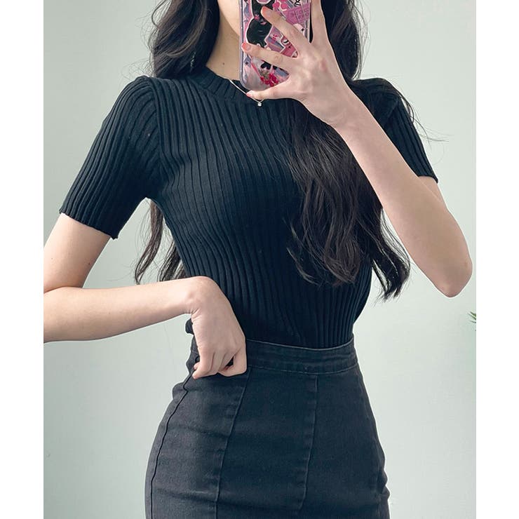 【着用1回】クレージュ　半袖　リブニット　ブラック　Sサイズ Courreges クレージュ 半袖ニット REEDITION SHORT SLEEVES