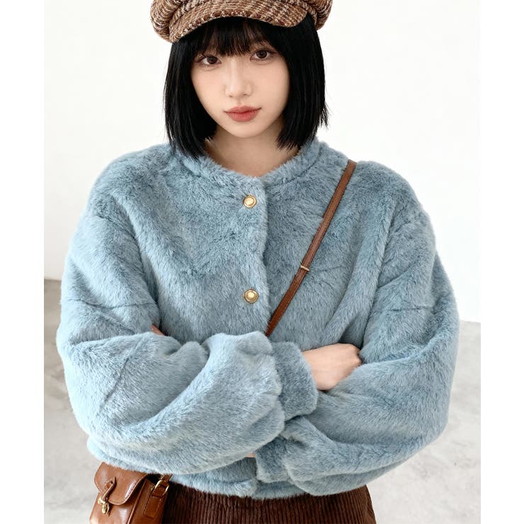ふわふわファー パールボタン ショートカーディガン アウター[品番