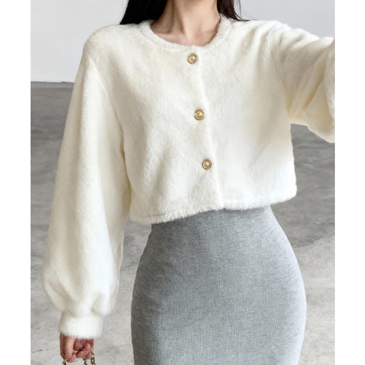 ふわふわファー パールボタン ショートカーディガン アウター[品番