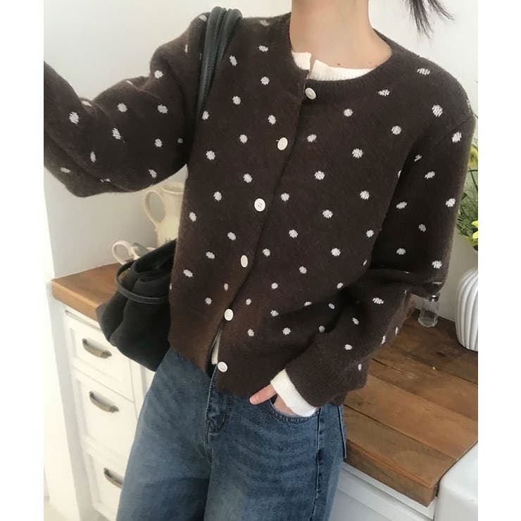 ドット柄 レイヤード風ニットカーディガン[品番：KH000016004]｜VIVID