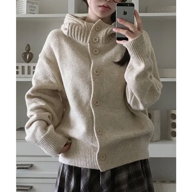 ベージュ | リブフード ハイネック ニットパーカー | VIVID LADY