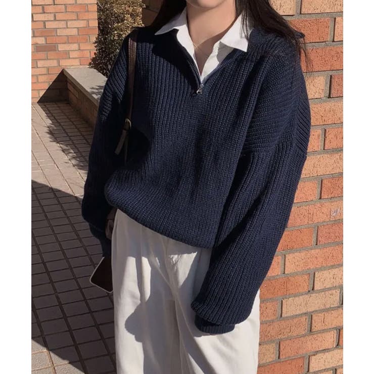 ネイビー | ハーフジップ ハイネックニット プルオーバー | VIVID LADY
