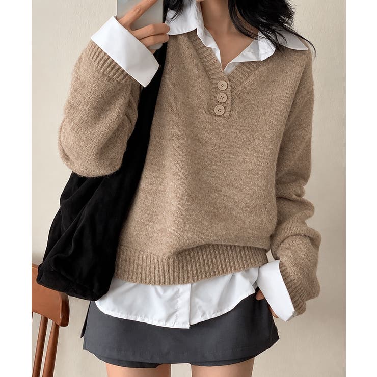 ベージュ | シャツドッキング ヘンリーネックレイヤード風ニットトップス | VIVID LADY
