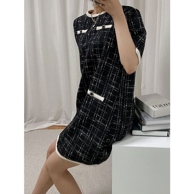 ツイード配色ミニワンピース 半袖レディース 半袖[品番：KH000013589