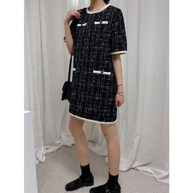 ツイード配色ミニワンピース 半袖レディース 半袖[品番：KH000013589