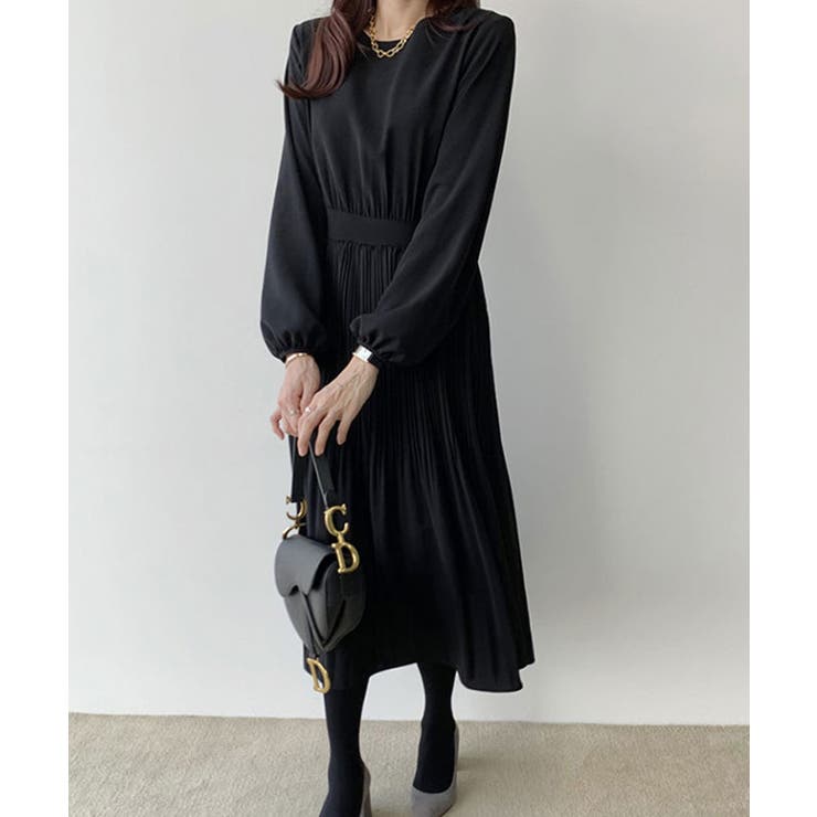 study 黒ロンティー クルーネックプリーツワンピース ロング 長袖[品番：KH000014638