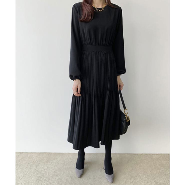 クルーネックプリーツワンピース ロング 長袖[品番：KH000014638