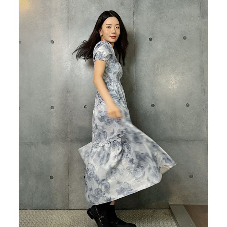 新しいエルメス 花柄スクエアネックロングワンピース半袖レディース フラワー柄 XLサイズ以上