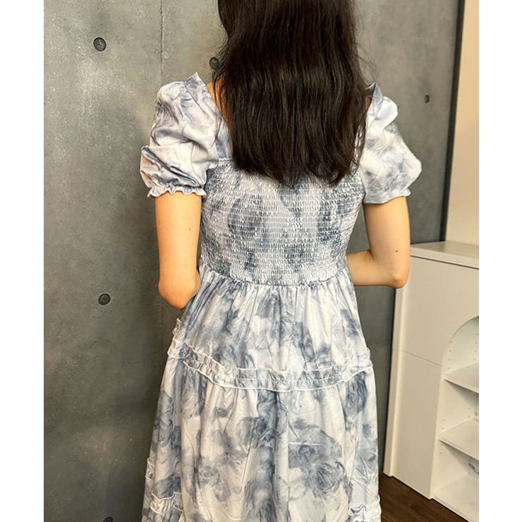 花柄スクエアネックロングワンピース半袖レディース フラワー柄