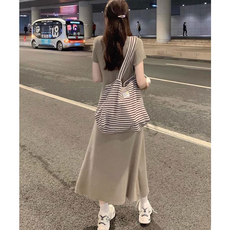 半袖ニットワンピース ロング丈 レディース[品番：KH000014592