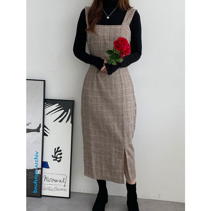 ヘリンボーンチェック柄ロングワンピース レディース 前スリット入り  