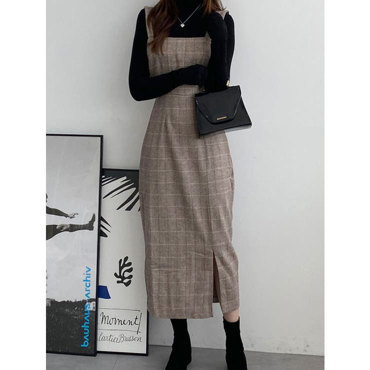 ヘリンボーンチェック柄ロングワンピース レディース 前スリット ヘリンボーンチェック柄ロングワンピース レディース 前スリット