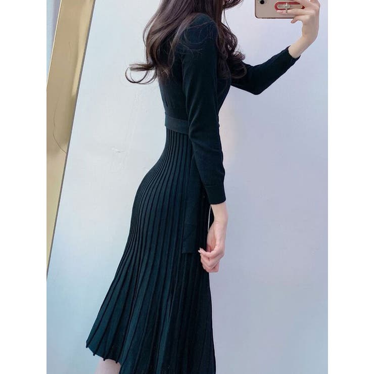 クルーネックニットワンピース レディース 膝丈[品番：KH000013089