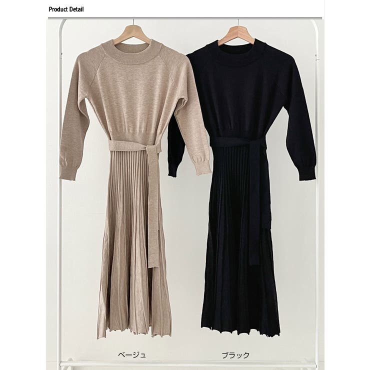 クルーネックニットワンピース レディース 膝丈[品番：KH000013089